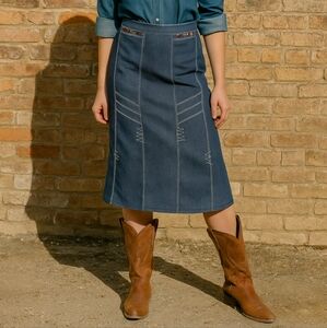 Laura Blue Denim Midi Skirt With Stone Pocket Detail Size 6